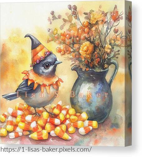 Candy Corn Birdie / Bird Art by Lisa S Baker. A small bird wearing a festive witch hat and ruffled collar perches on a mound of candy corn, next to a vase filled with vibrant autumn flowers. The scene captures a whimsical and cheerful autumnal atmosphere.