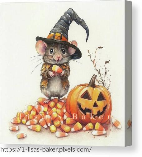 Candy Corn Mouse / Mouse Art by Lisa S Baker. A cute mouse wearing a witch's hat stands on a pile of candy corn next to a carved pumpkin. The festive Halloween theme is highlighted by autumnal elements and whimsical details.