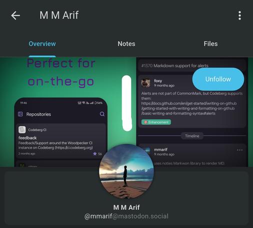 A cropped screenshot of a Fediverse profile. The display name is M M Arif. The handle is @mmarif@mastodon.social. The profile picture is a black shadow walking on a beach. The banner is a showcase of GitNex screenshots, which reads "Perfect for on-the-go". The banner includes two partial GitNext screenshots. The one on the left is for a screen titled "Repositories", and lists the "Codeberg CI"/"feedback" and "GitNex" repositories. The one on the right shows a Codeberg issue: "#1370 Markdown support for alerts" by @foxy from 9 month ago. It is tagged with "Enhancement". The text reads "Alerts are not part of CommonMark, but Codeberg supports them" followed by the relevant documentation link.