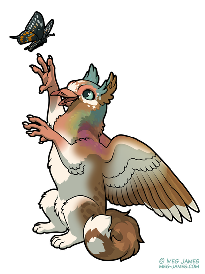 Drawing of Buttercup, a griffin based off a key west quail-dove and a cat. She has brown and white coloration, darker brown spots/stripes on her body and tail, and iridescent markings on her head, neck, and backs of her wings. She is sitting on her haunches and reaching up playfully at a butterfly.