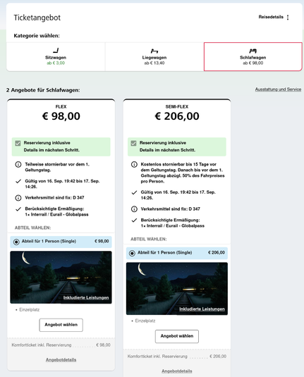 Der Screenshot zeigt die Buchungsseite für ein Schlafwagenabteil. Es werden zwei Tarife angeboten, aber nur für ein Einzelabteil ("Abteil für 1 Person (Single)"). Es sind keine Optionen für Abteile mit zwei oder drei Betten sichtbar. Die Preise betragen 98,00 € für den "FLEX"-Tarif und 206,00 € für den "SEMI-FLEX"-Tarif.