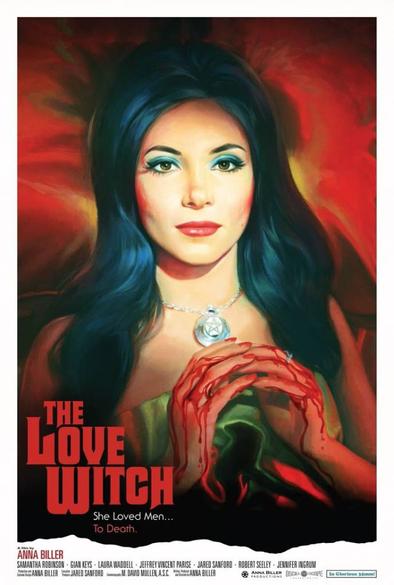 Póster de la película 'The Love Witch', mostrando a una mujer con cabello largo y oscuro, con una expresión cautivadora. Lleva un collar y tiene sangre en sus manos, mientras el fondo es de colores vibrantes, evocando un estilo retro.