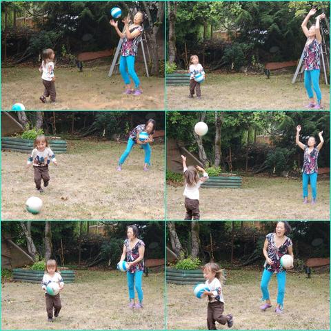 A collage of nine photos showing a Chinese woman and a young child playing with a ball in a backyard setting. The woman, wearing a patterned top, turquoise leggings, and purple clogs, and the child, wearing a long-sleeved shirt and brown pants, are seen throwing and catching a ball in various poses. The background includes trees, grass, and glimpses of a fence.