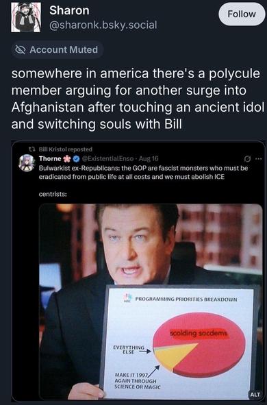 Sharon @sharonk.bsky.social
Follow
Account Muted
somewhere in america there's a polycule member arguing for another surge into Afghanistan after touching an ancient idol and switching souls with Bill
t7
Bill Kristol reposted
Thorne
@ExistentialEnso • Aug 16
Bulwarkist ex-Republicans: the GOP are fascist monsters who must be eradicated from public life at all costs and we must abolish ICE
O ...
centrists:
PROGRAMMING PRIORITIES BREAKDOWN
scolding socdems
EVERYTHING
ELSE
MAKE IT 1997
AGAIN THROUGH SCIENCE OR MAGIC
ALT