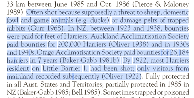 Highlighted text from Marchant , S. & Higgins, P.J. (editors) 1993. Handbook of Australian, New Zealand & Antarctic
Birds . Volume 2, Raptors to lapwings . Melbourne , Oxford University Press . Pages 21-25,
105-122; plates 14-16.

It reads as follows:

"Often shot because supposedly a threat to sheep, domestic fowl and game an im als (e.g. ducks) or damage pelts of trapped rabbits (Gurr 1968). In NZ, between 1923 and 1938, bounties were paid for feet of Harriers; Auckland Acclimatisation Society paid bounties for 200,000 Harriers (Oliver 1938) and in 1930s and 194 0s, Otago Acclimatisation Society paid bounties for 26,184 harriers in 7 years (Baker-Gabb 19816). By 1922, most Harriers resident on Little Barrier I. had been shot; only visitors from mainland recorded sub sequently (Oliver 1922)."