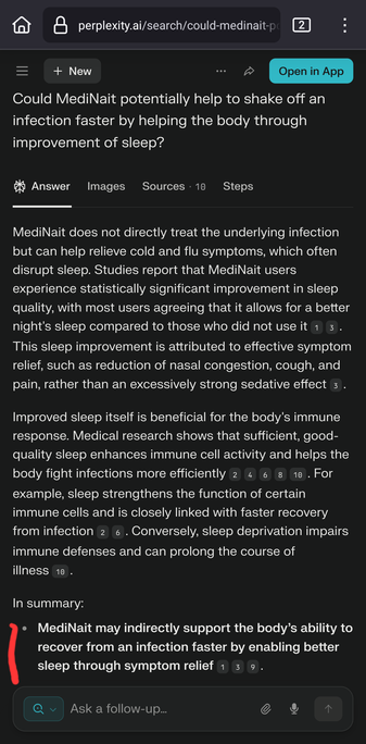 Question: "Could MediNait potentially help to shake off an infection faster by helping the body through improvement of sleep?"

Marked summary of the answer: "MediNait may indirectly support the body's ability to recover from an infection faster by enabling better sleep through symptom relief."