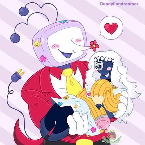 tenna from deltarune carrying my selfinsert oc sketcha, a sketchbook themed character with stickers all over her dress and pencils for arms

tenna has stickers like hers on his head and a plug tail, his nose is also blooming a flower, and theres a big speech bubble with a heart in it ❤️