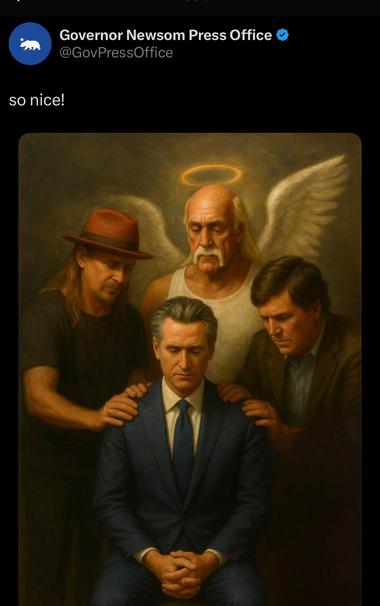 Parody meme image modeled after the famous Trump guided by Jesus maga image.
Man sitting in the middle and 3 figures around him with hand on his shoulder.

Seated figure → meant to represent California Governor Gavin Newsom.

Left figure with hat → resembles musician Kid Rock.

Right figure in suit → resembles conservative commentator Tucker Carlson.

Angel with halo → resembles wrestler Hulk Hogan.