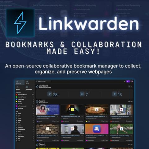 The image features a promotional graphic for "Linkwarden," an open-source collaborative bookmark manager. The background is dark blue with a subtle grid pattern, and the logo is a blue lightning bolt icon. The main text reads "Linkwarden" in large, white letters, followed by "BOOKMARKS & COLLABORATION MADE EASY!" in smaller white text. Below this, a description states, "An open-source collaborative bookmark manager to collect, organize, and preserve webpages." The image also includes a screenshot of the Linkwarden interface, showing a dashboard with sections labeled "Dashboard," "Recent," and "Pinned." The dashboard displays various bookmarks with titles, dates, and categories, such as "Health and Wellness," "Personal Finance," and "Self Improvement." The interface is designed with a dark theme, and the bookmarks are organized into different categories, with a sidebar on the left listing various categories and tags.