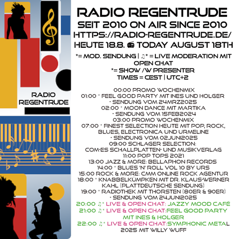 🇩🇪 Plakat mit den heutigen Radiosendungen. Bild (ohne Text): Pixabay, kein Bildquellennachweis erforderlich.

🇬🇧 Poster with details of today's radio shows. Image (without text): Pixabay, no image creds needed.