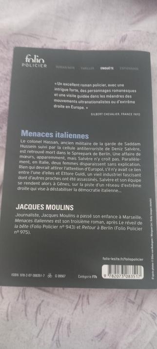 4e de couve de "Menaces iraliennes" de Jacques Moulins dans la collection Folio policier.