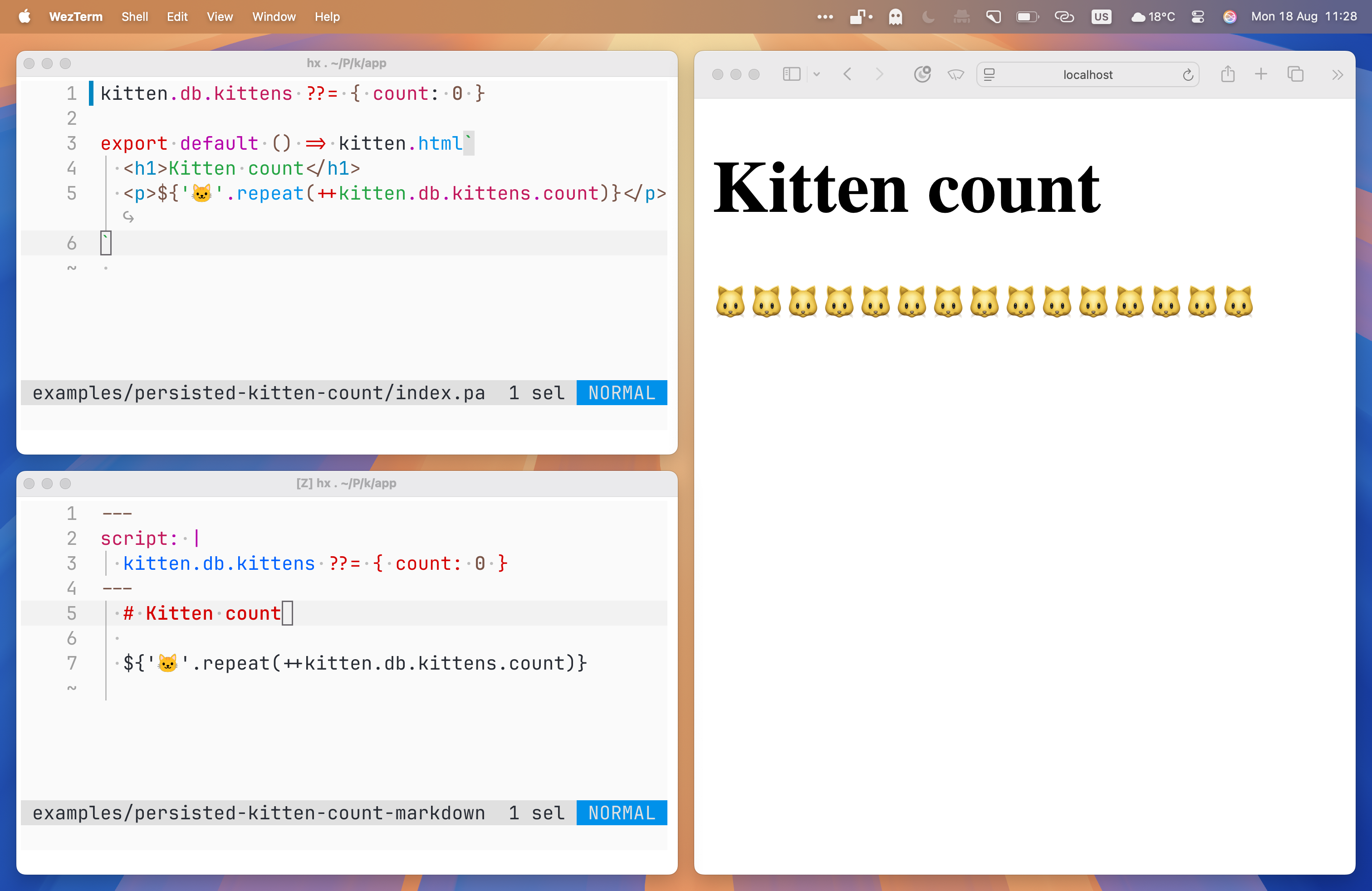Three windows: top-left, source of page.js version of Kitten count example, bottom-left, source of page.md version, and on the right, the output in a browser. Top-left: kitten.db.kittens ??= { count: 0 } export default () => kitten.html  <h1>Kitten count</h1>   <p>${'🐱️'.repeat(++kitten.db.kittens.count)}</p> Bottom-left: --- script: |   kitten.db.kittens ??= { count: 0 } ---   # Kitten count      ${'🐱️'.repeat(++kitten.db.kittens.count)} Right: Kitten count (heading) and 15 🐱️ emojis.
