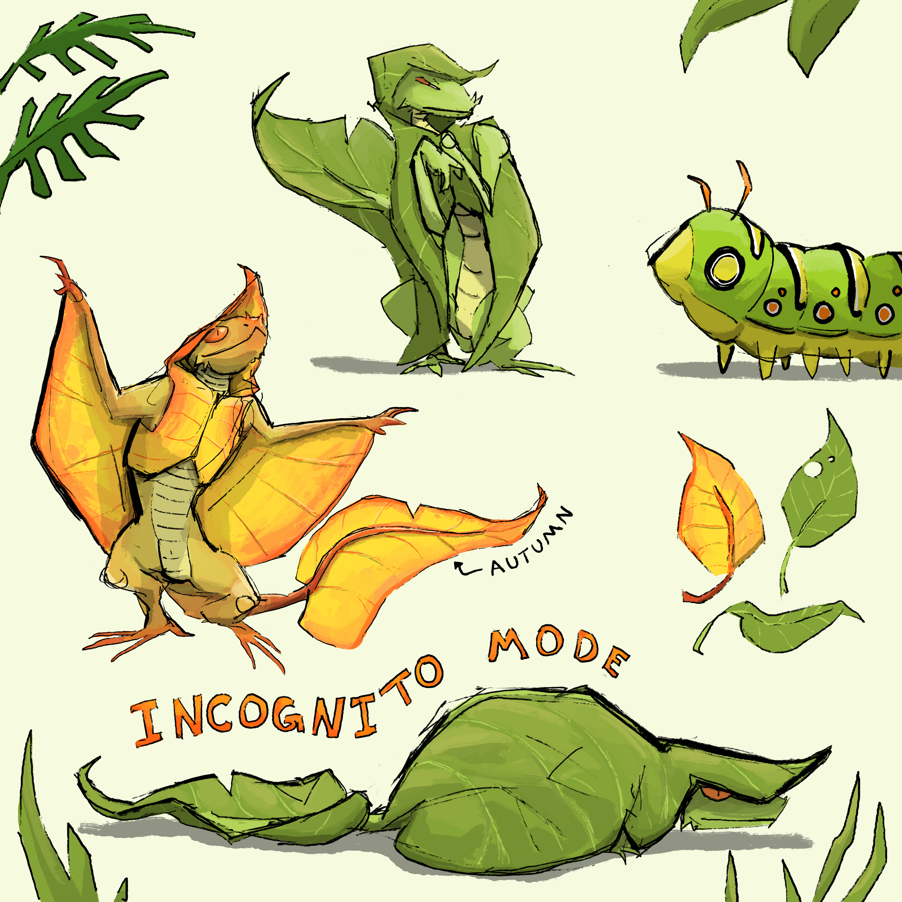 Three images of a leaf dragon: 1. The leaf dragon is looking scornfully at a caterpillar  2. An autumn leaf dragon is opening its arms to catch a breeze 3. The leaf dragon is in "incognito mode" crouched down as a leaf