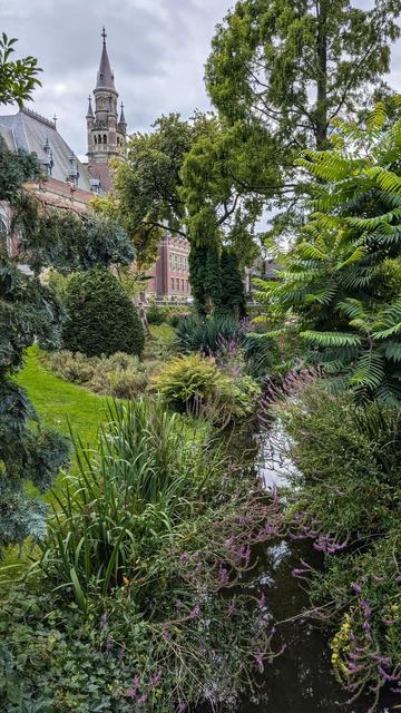 Large overgrown garden, in the background an old fashioned neo-medieval building with tower.