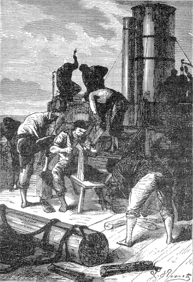 « Maintenant ce navire m'appartient ?

— Certes, de la quille à la pomme des mâts, pour tout ce qui est « bois », s'entend !

— Bien. Faites démolir les aménagements intérieurs et chauffez avec ces débris. »

On juge ce qu'il fallut consommer de ce bois sec pour maintenir la vapeur en suffisante pression. Ce jour-là, la dunette, les rouffles, les cabines, les logements, le faux pont, tout y passa.