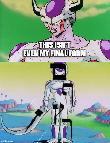 first panel - Freiza: this isn't even my final form
second panel: Freiza is covered with the letters mem, pe, zadi, khaf and nun in their final (i.e. when they appear in the end of a word) form
