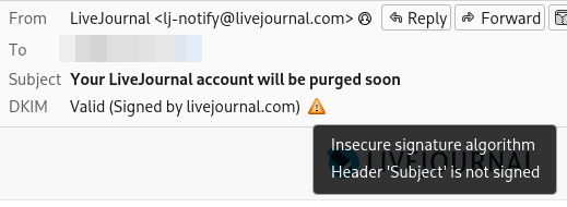 Screenshot of the header of the email with a "DKIM" line showing the DKIM status for this message. The mouse was hovered over the alert triangle next to the DKIM status, causing a pop-up message to appear, which says, "Insecure signature algorithm" and "Header `Subject' is not signed".