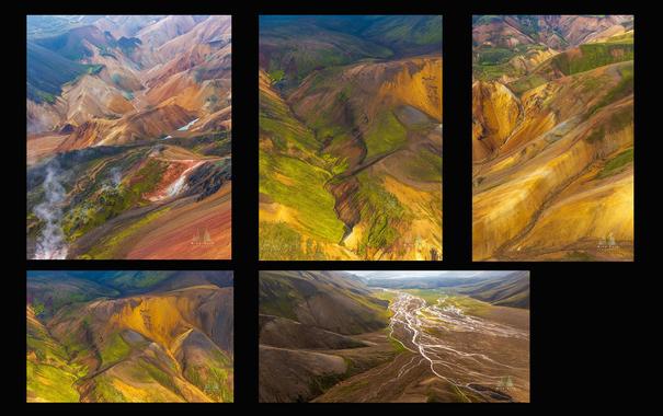 Aerial views above Iceland's Highlands in soft light.