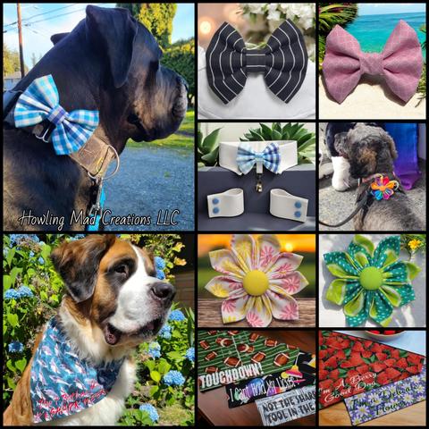 Our handmade pet accessories. Black Great Dane wearing a light blue plaid bow tie. Brown black and white Saint Bernard wearing her sharkweek bandana. Also pictured is an assortment of our other bow ties, flowers and bandanas. Black pin stripe and pink argyle bow ties. rainbow, pink an yellow floral and green lime flowers. Football, cocktail, tools, strawberry and purple daisy over-the-collar bandanas.