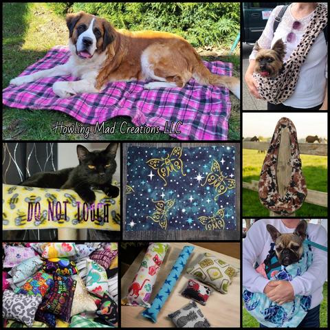 Our handmade self-heating pet beds, pet carrier pet slings, catnip cat toys.
Saint Bernard laying on her pink and black plaid bed, black cat laying on a yellow with bumble bees bed, blue galaxy with gold butterfly bed. Leopard print sling with a Yorkie Terrier being carried in it, a brown black and tan cow print sling, blue sea turtle print pet sling with a French Bulldog being carried. Assortment of lots of different catnip cat toys.