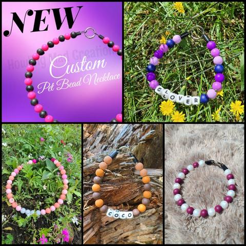 Our new custom Pet Bead Necklaces. These are made with strong cable and soft silicone beads. First pictured is hot pink and black necklace. A custom necklace with different shades of purple and the dogs name "clover" on it. Custom coral and light pink necklace with pearls. Custom brown, rust and tan beads with the dogs name "coco" on it. Custom wine and pearl beads for an old lady Pug.