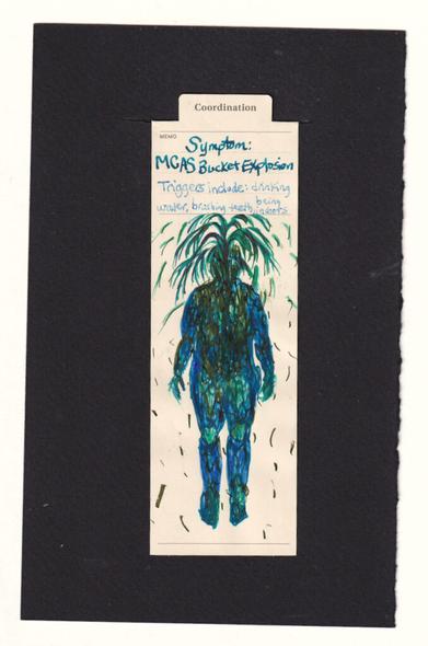 the manila bookmark has a figure of a human on it, and their body is full of blues and greens, including sludgy/bubbling textures and toxic colors. An eruption comes out of the top of their head, and rains down around them. The inks are simultaneously dry and overworked, scratchy and bleeding in the paper, unclean outlines and discomfortable body shapes.