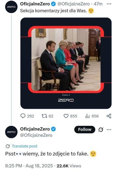 Zrzut ekranu wpisu Kanału Zero z X oraz komentarz do niego ich autorstwa.
Oryginalny wpis jest wygenerowanym obrazem przedstawiającym europejskich przywódców czekających cicho w kolejce ze spuszczonymi głowami.
W komentarzu postujący przyznają, że świadomie opublikowali fałszywkę.