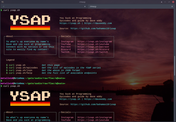 The image shows a computer terminal window with a web page displayed. The terminal is running a command to access the website "ysap.sh." The web page features a dark background with a sunset over a body of water, and the text "YSAP" in large, pixelated font at the top. Below the title, there is a message that reads, "You Suck at Programming Episodes and guide by dave eddy," along with links to various social media platforms and the source code on GitHub. The "About" section introduces the creator, Dave, and invites viewers to connect through social media. The "Legend" section provides a list of available endpoints for accessing different parts of the website, such as episodes and help. The terminal also shows the command "curl ysap.sh" being executed, indicating the user is accessing the website via the command line.
Provided by @altbot, generated privately and locally using Ovis2-8B
π± Energy used: 0.240 Wh