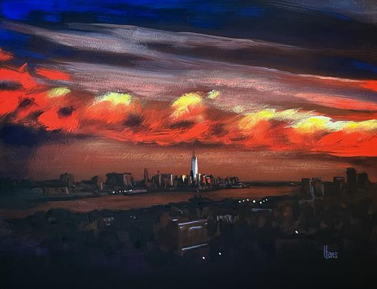 This painting depicts a dramatic sunset over a city skyline. The scene is dominated by fiery red, orange, and golden clouds stretching across the sky, illuminated by the fading sunlight. Beneath the glowing sky, the silhouette of the city rises dark against the horizon, with the tall spire of One World Trade Center clearly visible as a focal point. The lower portion of the canvas is deep in shadow, with scattered points of white light suggesting streetlamps or windows. Bold, expressive brushstrokes capture the movement of the clouds and the intensity of the colors, contrasting with the solid, blocky forms of the buildings below. The overall effect is both atmospheric and powerful, blending natural drama with the quiet presence of the city.