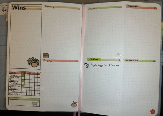 A planner spread with 5 boxes on one page and 4 boxes on the other. The first page has a large box for wins with a tree branch with a peach on it with the banner in brown, a table for habits with vermillion as the banner color and some boxes colored in for Monday, a box with a green header for groceries and a grey grocery cart, a box for reading with a brown header and a peach crate sticker, and a box with a vermillion header for playing with a peach with a face in it. The opposing page has a green banner with the title of radar and a peach blossom, and a box for Monday through Wednesday cycling between green, vermillion, and brown. Monday’s box has Psych appt @ 2:30PM. Wednesday has a vermillion sakura drawn in the corner.