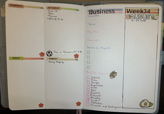 A planner spread with four boxes on one page and 2 columns on the other. The first page has Thursday through Sunday with a vermillion sakura in the corner of each box. Saturday has a task list of keep list, menu, and planner with an event for RPG @ 8:30PM and a soccer ball with RSL vs Minnesota @ 7:30PM. Sunday has the task of grocery shopping. The page with 2 columns has the first column in blue and pink with space for newsletter in blue and blog post in pink for tracking reviews and putting out a blog post and a tree branch with peaches on it and a column with brown, vermillion, and green bars at the top with Week 34 August 18-24, 2025 at the top partially covering the green bar with a peach cut in half with the pit and a face.