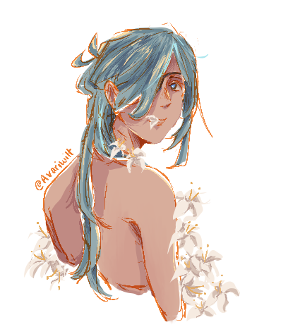 a sketch drawing of Kaeya looking back at the viewer, his hair is down and lilies surround him. Two petals even found themselves between his lips