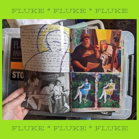 Photo of Fluke zine interior, showing artwork by Gary, a photo of Gary, a picture of The Dicks in full flight, and  two photos of a woman (I think it's Gary's mother).