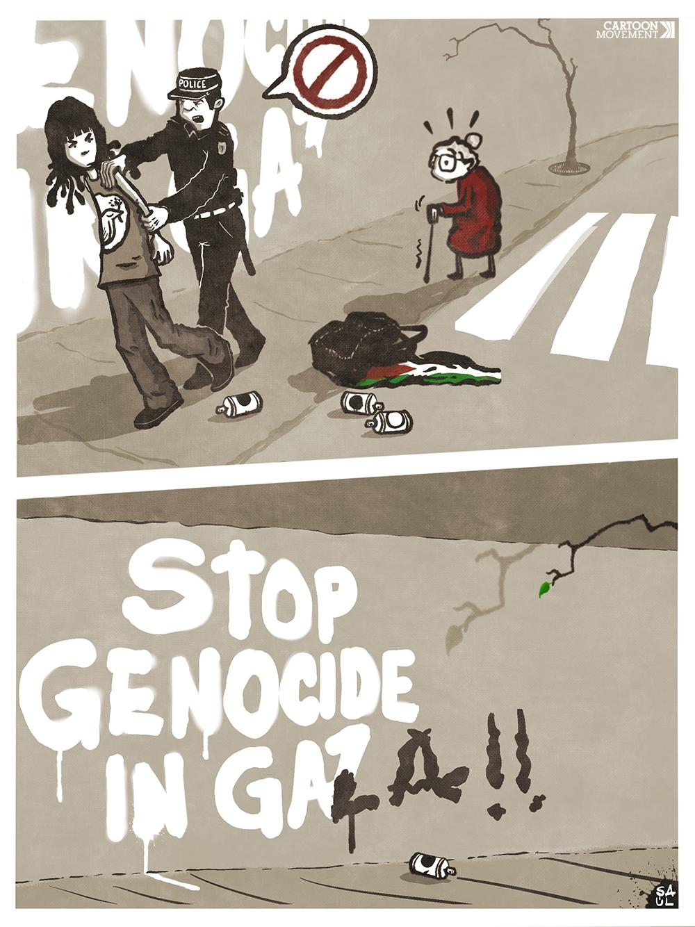 Cartoon with two panels. The top panel shows a protester being lead away by police. Behind him we see the unfinished slogan 'Stop genocide in Ga...' Sprayed on the wall. An elderly lady is looking on in shock. In the bottom panel the slogan on the wall has been finished, the remaining letters have been added in a shaky (elderly) hand.