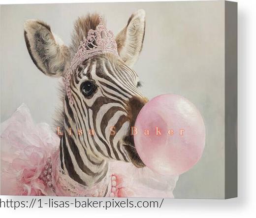 Zebra Bubble / Animal Art by Lisa S Baker. A zebra adorned with a delicate pink tiara and an elegant necklace playfully blows a pink bubblegum bubble. The whimsical attire includes a tutu, adding a touch of charm and fantasy to the scene. The image combines elements of innocence and creativity, appealing to both animal lovers and those with a sense of humor.