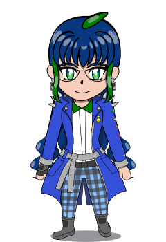 A chibi overworld “sprite” of Pleiades (Macintosh System 7). She has long dark blue hair that is crimped at the ends with green streaks and is worn in a ponytail, has green eyes, wears metal Compact Mac-shaped earrings, and glasses. She a knee-length blue trench coat with spikes on the lapels and shoulders, 7 stars in the colors of the old Apple logo rainbow plus white running down the left sleeve, and a yellow CC insignia pin on the front. Her coat has a gray polka-dotted belt (modeled after the scrollbar in System 7), and she wears a green and white shirt, with blue and black plaid trousers, a gray gauntlet and gray boots.