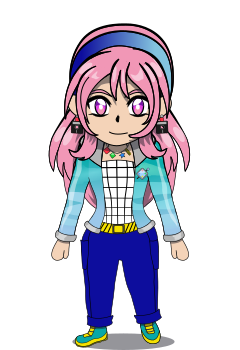 A chibi overworld “sprite” of Kyouko (Windows 95+98). She has layered pink hair that reaches to mid-back length, has pink eyes, wears floppy disk earrings, and a two-toned navy blue and sky blue headband. She wears a Vaporwave-inspired outfit with an iridescent turquoise and sky blue jacket with gray cuffs and a gray collar. Her jacket has a DWN insignia on the front. She wears a white and black grid-patterned shirt with navy blue trousers, teal and yellow sneakers, a black and yellow belt modeled after “under construction” signs, and wears a colorful, Memphis Design-style necklace.