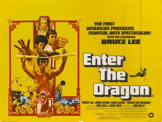 quad poster for the film with a bright yellow background and on the left of the image the original theatrical poster featuring Bruce Lee in the forefront surrounded by several different characters and scenes from the movie. On the right of the image there is the movie titled "Enter The Dragon" in big white letters, the names of the cast in smaller black letters, and the tagline "The first American produced martial arts spectacular! With the legendary BRUCE LEE" on top.