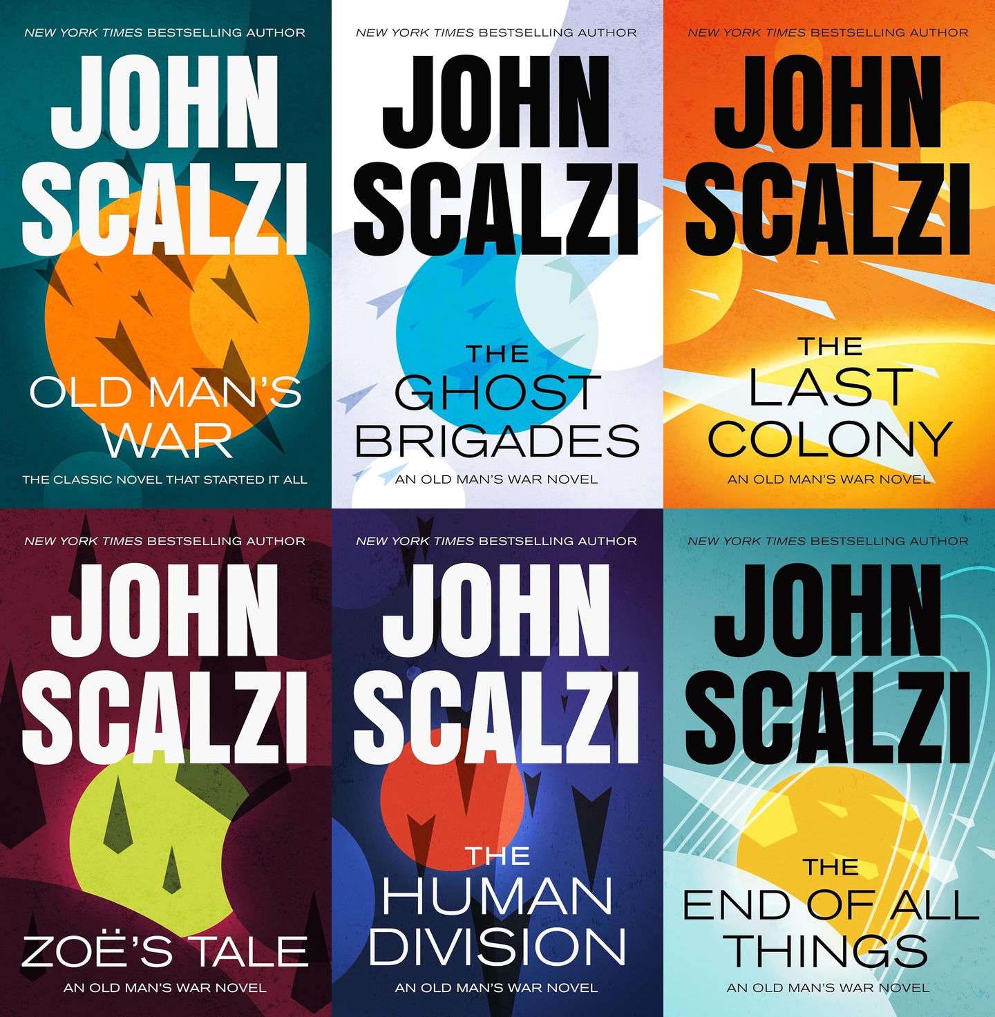 The new covers of the first six books of the Old Man's War series, which feature abstract geometrical shapes somewhat related to the original John Harris covers of these same books. Lots of circles and wedges. Also, my name is, like, fuckin' HUGE on these covers, it's kind of ridonkulous, but since I'm an ego monster, I kind of love it.