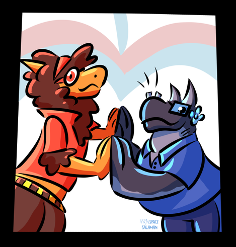 the happy tall curly haired dragoness, posing hands in hands with the tiny cute mantaray, both wearing glasses and their civilian clothes! tags: furry, scalie, anthro, lamb, dragon, dragoat, dragoness, glasses, nerd, civilian, clothes, happy, anime, pose, dance, hands, holdinghands, fish, fishy, merfolk, mantaray, red, blue, redandblue