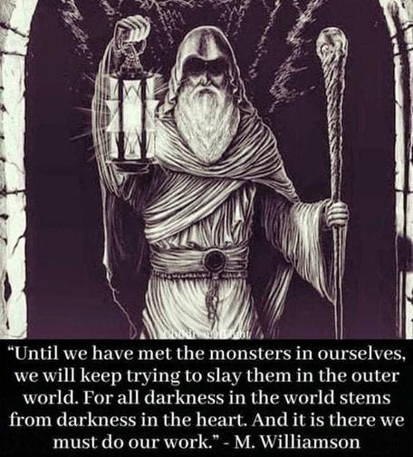 "Until we have met the monsters in ourselves, we will keep trying to slay them in the outer world. For all darkness in the world stems from darkness in the heart. And it is there we must do our work." - M. Williamson