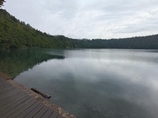 4 photos numériques couleur en format paysage, avec la vue d'une partie d'un lac circulaire, bordée d'une ceinture d'arbres qui plonge quasiment à la verticale. Au premier plan, une esplanade en bois. Le ciel est gris, nuageux mais lumineux, et se reflète dans l'eau.