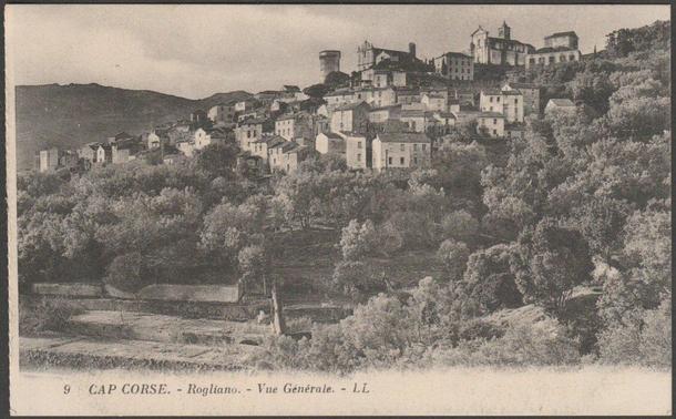 Printed monochrome postcard showing a general view of Rogliano on Cap Corse in Corsica.

Published by Lévy et Neurdein Réunis, Paris, No LL 9, c.1920s.

Postally unused.

Very good condition, with very slight corner bumps.