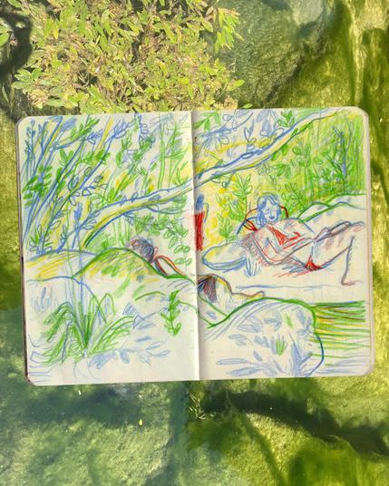 Crquis amies qui se reposent et se baignent à la rivière.