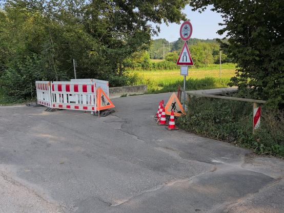 Überblicksbild auf Baustelle und Brücke von der anderen Seite als das erste Bild. Zu sehen ist die asphaltierte Kurve mit Brücke, links geht ein unbefestigter Feldweg weiter. Diese Einmündung wird durch die Poller geschützt (Durchfahrt an der Brücke vorbei bleibt möglich).
Zwischen Baustellenabsperrungen und Kurveninnenseite wurde eine Lücke gelassen, ausstaffiert mit zwei Warnschildern und Verkehrskegeln.