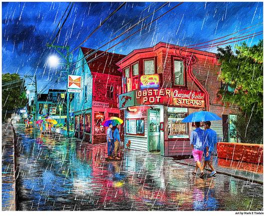 Digital art depicting a city block of Provincetown's Commercial Street in the rain. Several buildings visible with the most prominent being the Lobster Pot with its bright neon signs. It's night and raining with people walking under umbrellas including a couple of men nearest the viewer.
