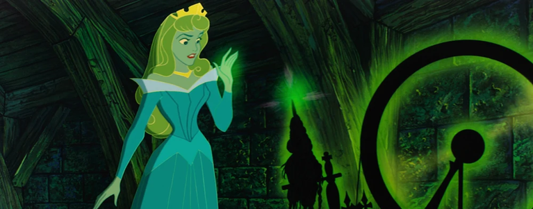 Screenshot from the Disney film Sleeping Beauty. Princess Aurora stands in a dark room with a green-glowing spindle.