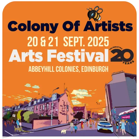 Poster by EddScape Creates showing a drawing of the Abbeyhill Colonies (small two-story houses) and lots of people and dogs on the street, clouds before a bright orange sky. The text says:

Colony Of Artists
20 & 21 Sept. 2025
Arts Festival – Celebrating 20 Years
Abbeyhill Colonies, Edinburgh
