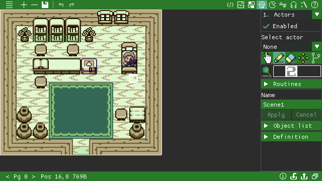 gbbasic game boy game of pixel art room with shelves rug, walls, person