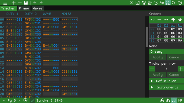 gbbasic music editor showing a tracker view of song